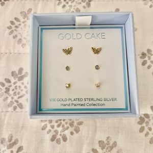 Gold Cake 18k Gold Plated Sterling Sliver 3  sets of little earrings in a box.